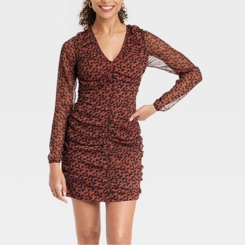 A New Day Women's Long Sleeve Bodycon Dress Ruched Front Size XL